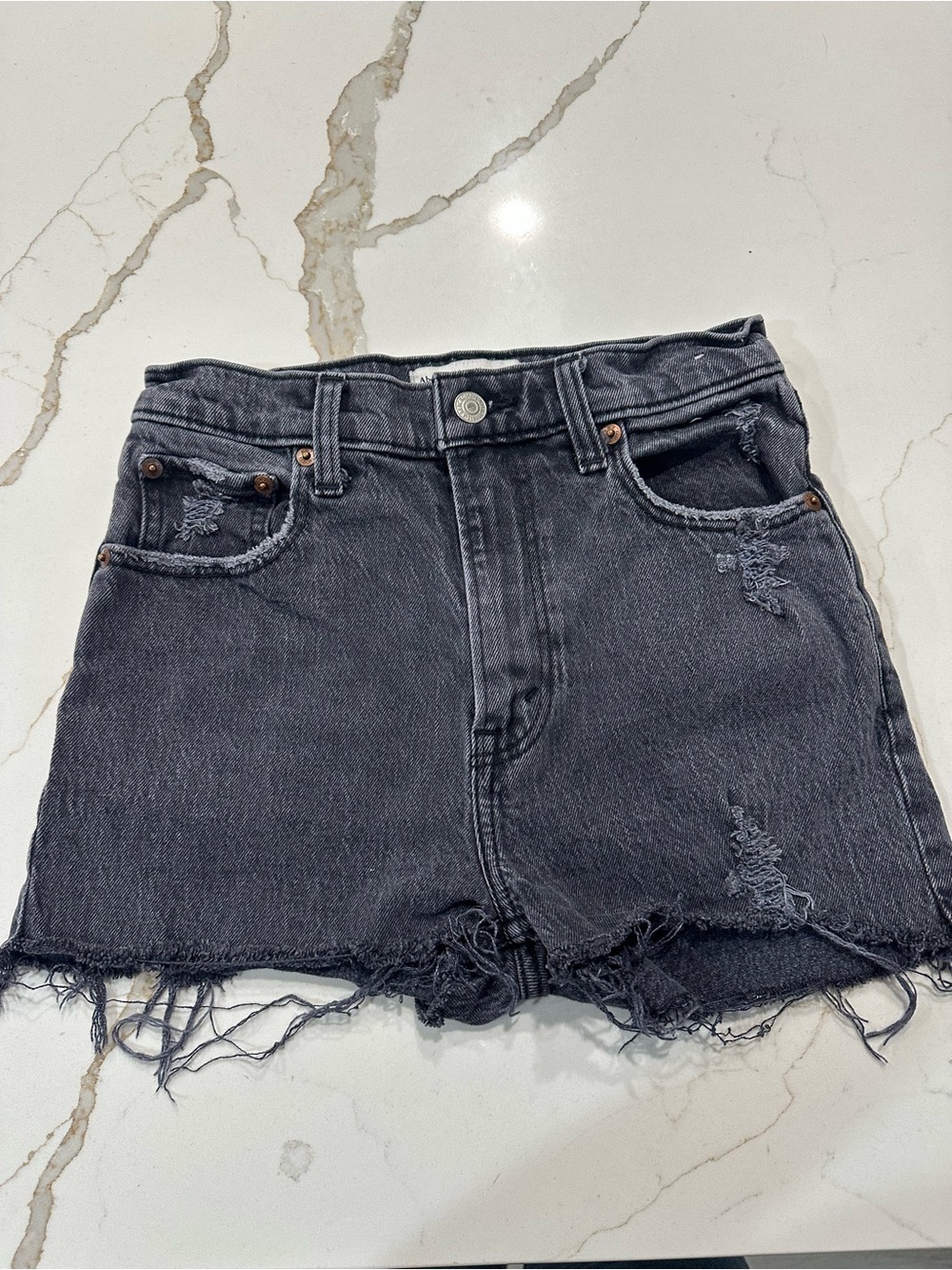 Abercrombie & Fitch 90’s straight ultra high rise. Black distressed denim shorts